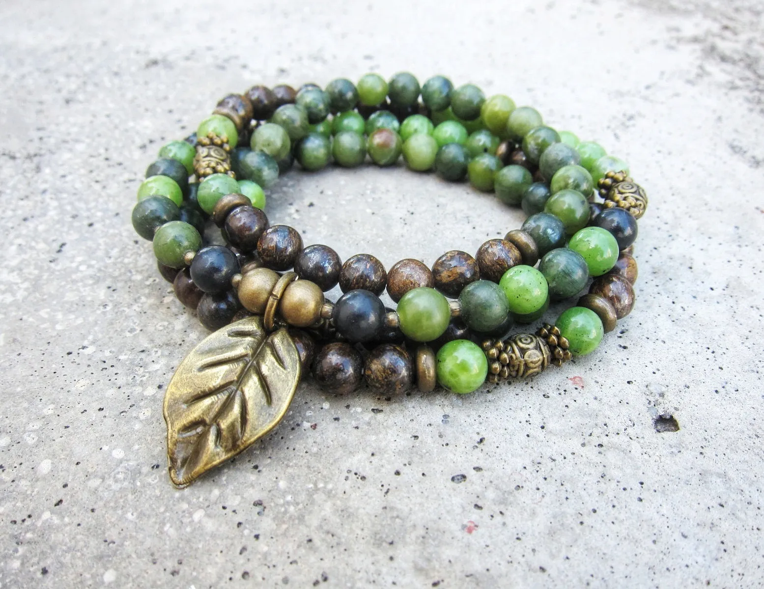 108 Bead Mala in Olive Canadian Jade, Shungite, Bronzite Necklace