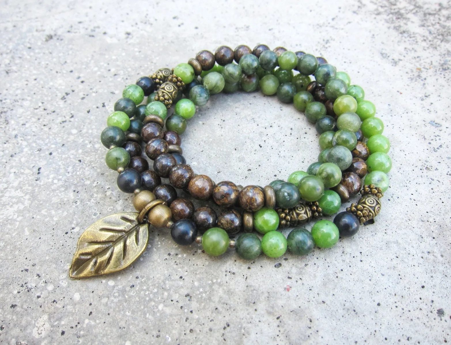 108 Bead Mala in Olive Canadian Jade, Shungite, Bronzite Necklace