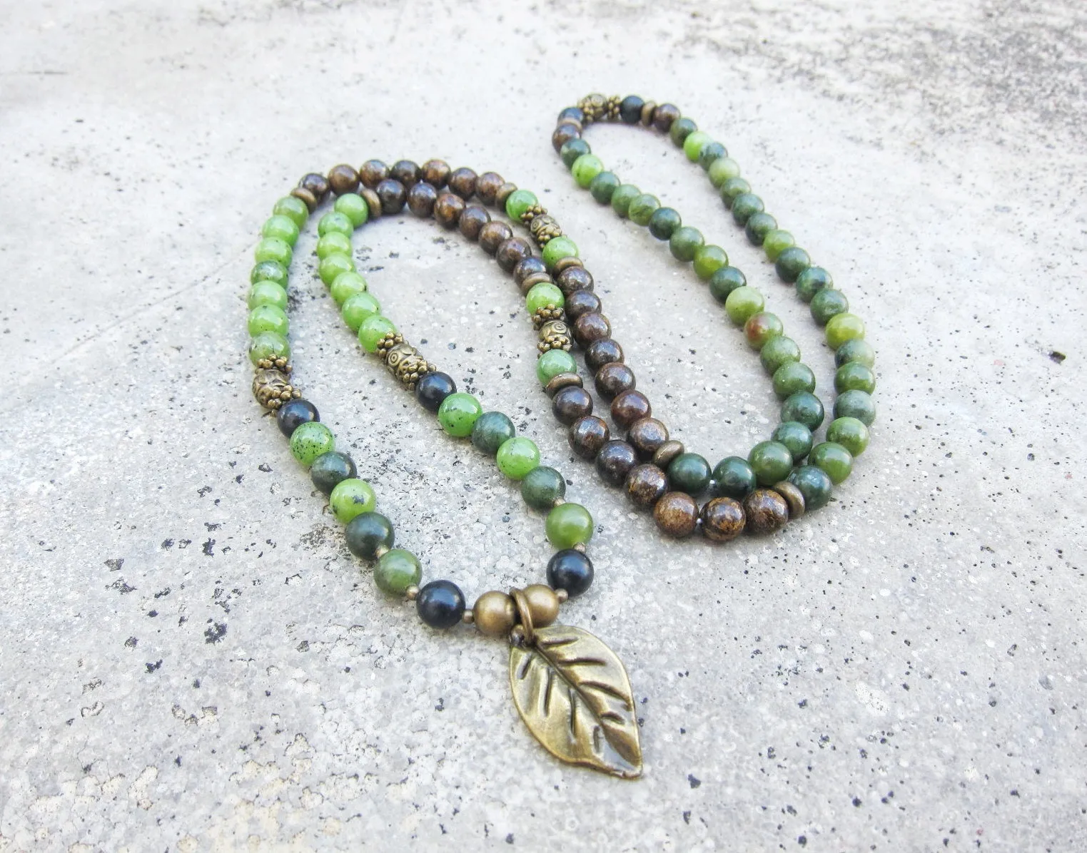 108 Bead Mala in Olive Canadian Jade, Shungite, Bronzite Necklace