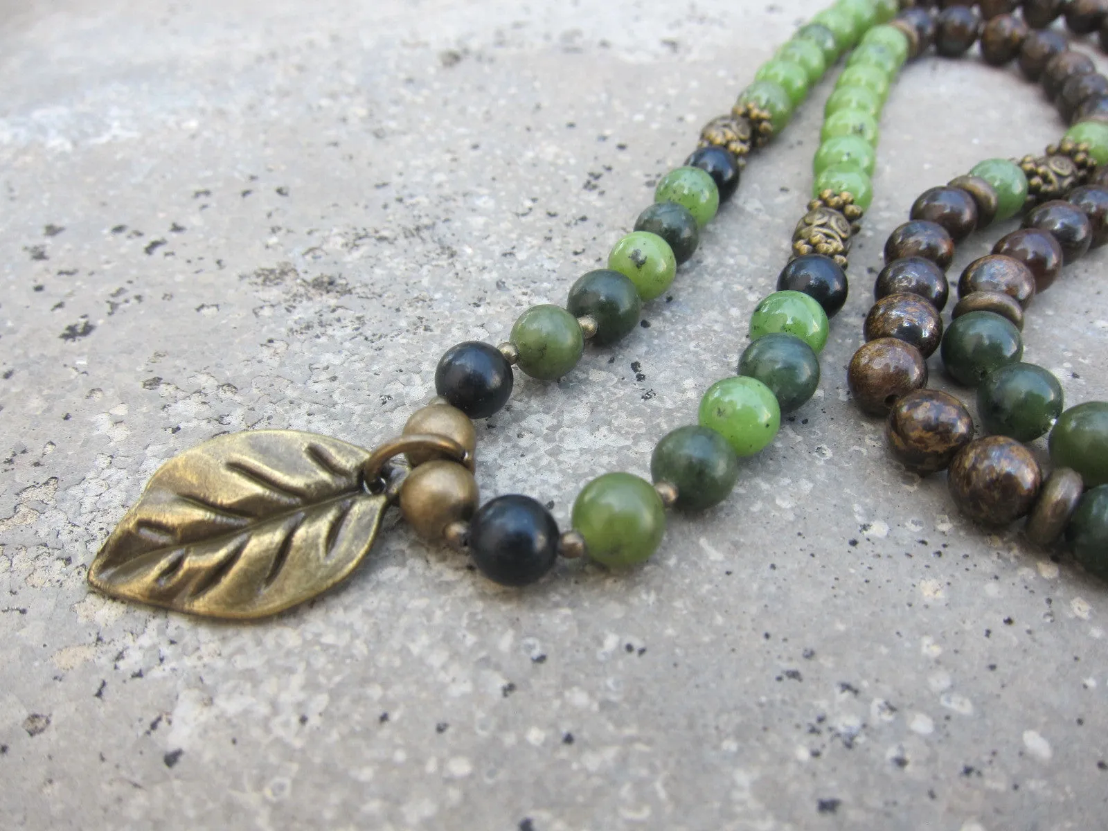 108 Bead Mala in Olive Canadian Jade, Shungite, Bronzite Necklace