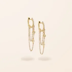 14K Gold Diamond Chain Drop Huggie Earrings