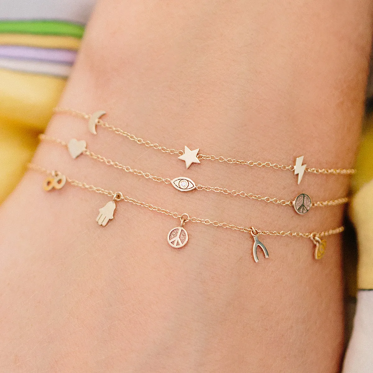 14k Peace & Luck Itty Bitty Dangle Bracelet