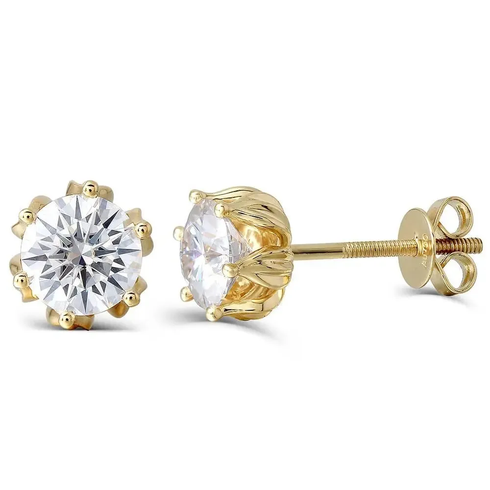 14k Yellow Gold Flower Shaped Stud Moissanite Earrings 2ctw