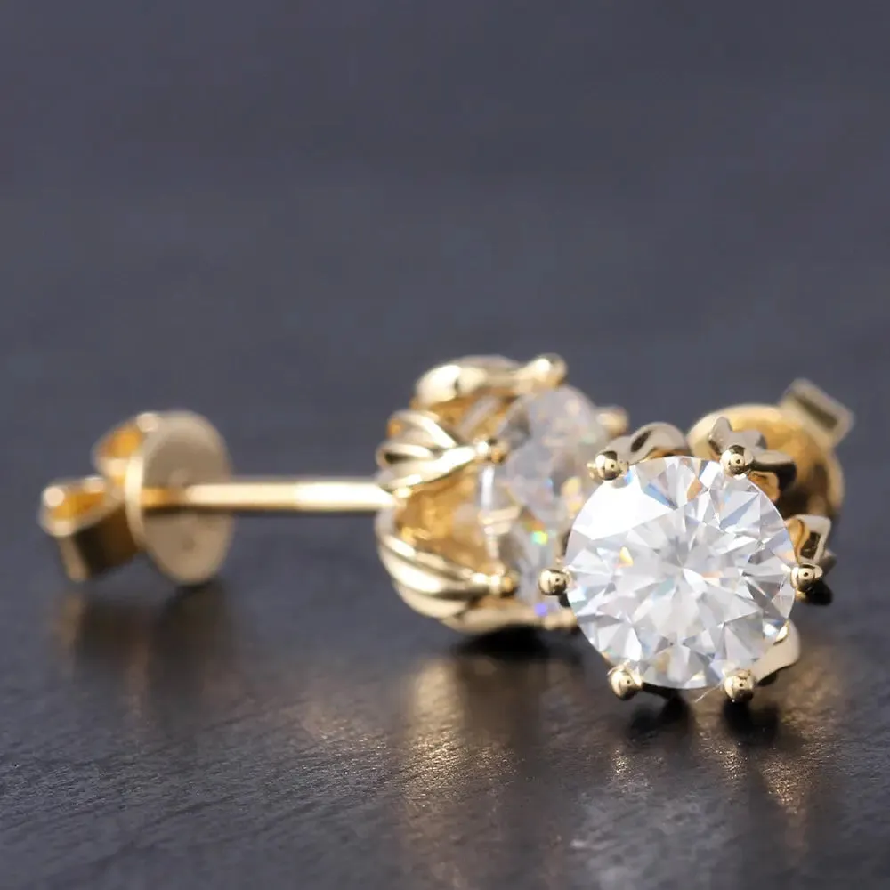 14k Yellow Gold Flower Shaped Stud Moissanite Earrings 2ctw