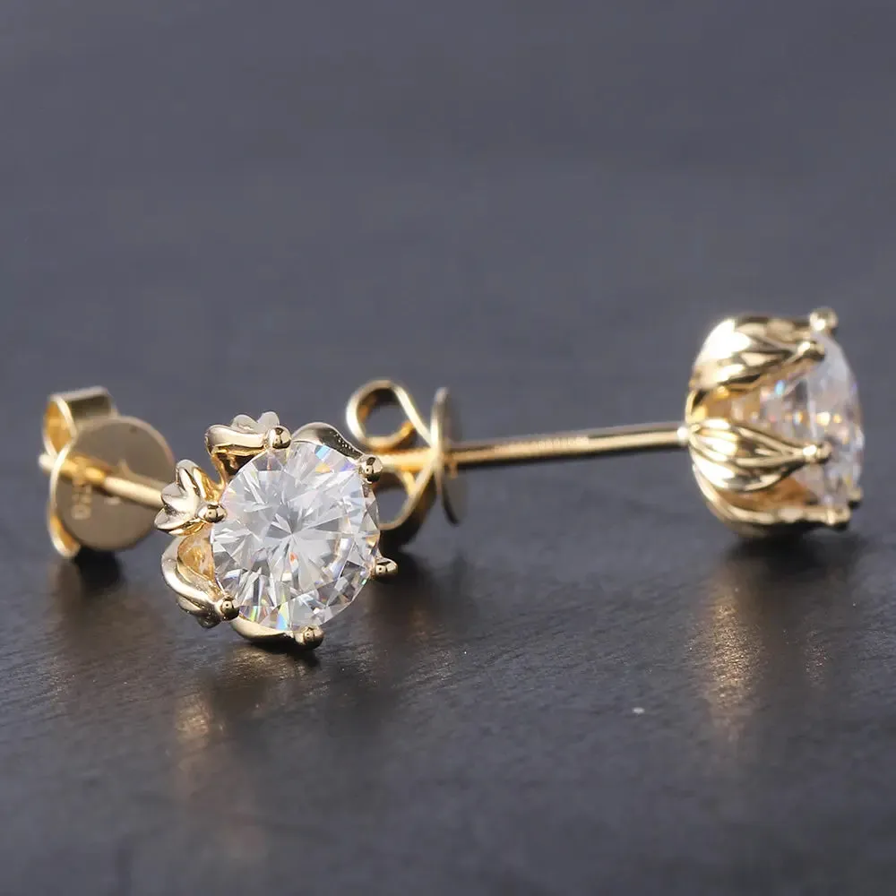 14k Yellow Gold Flower Shaped Stud Moissanite Earrings 2ctw