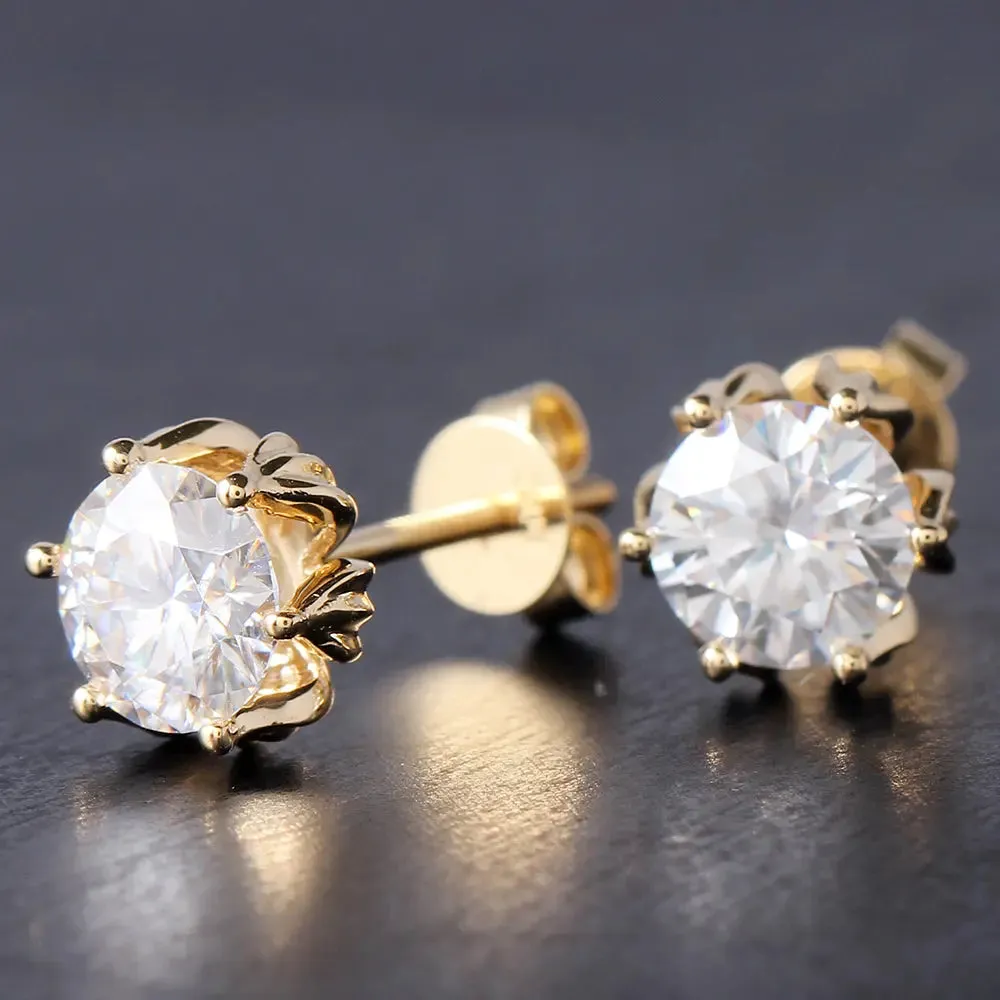 14k Yellow Gold Flower Shaped Stud Moissanite Earrings 2ctw