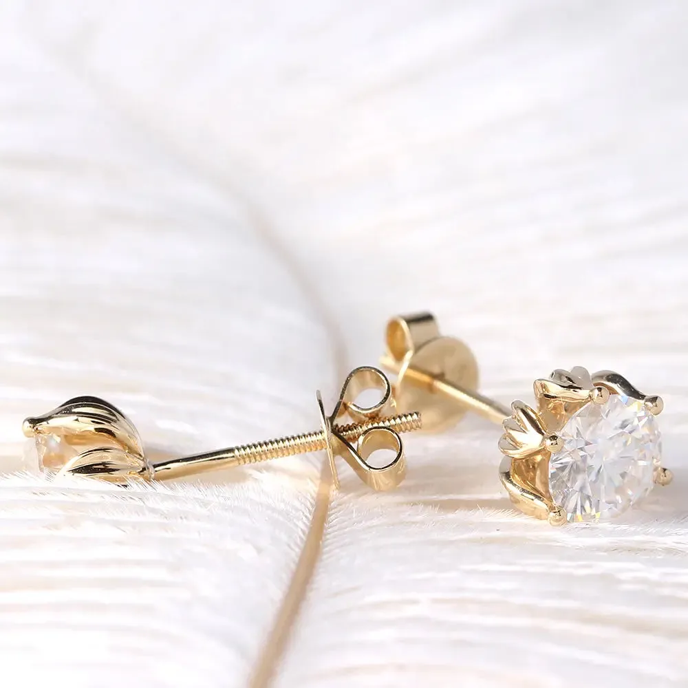 14k Yellow Gold Flower Shaped Stud Moissanite Earrings 2ctw