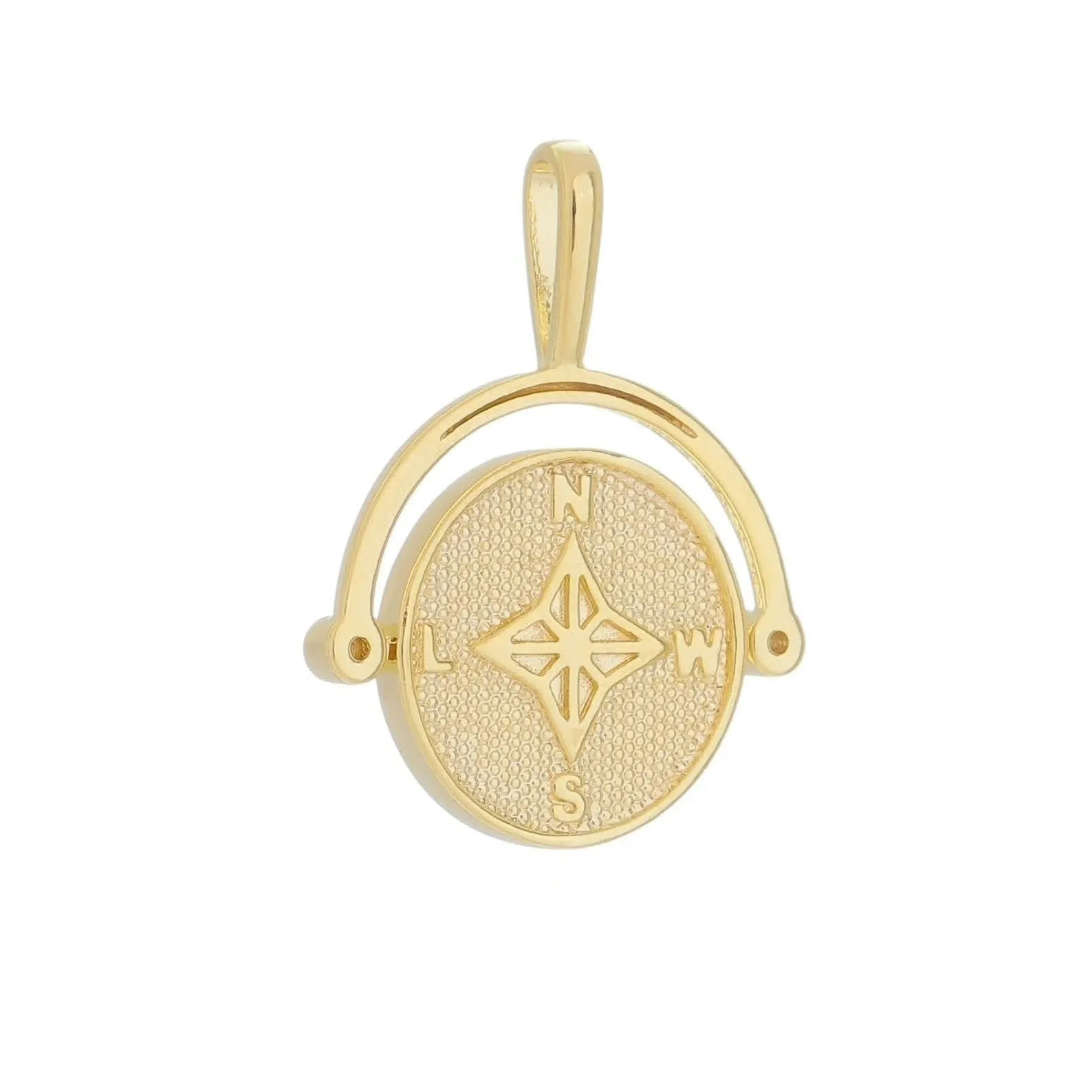 18k Gold Filled Swivel Compass Pendant Featuring Star Textured Background And Cardinal Points