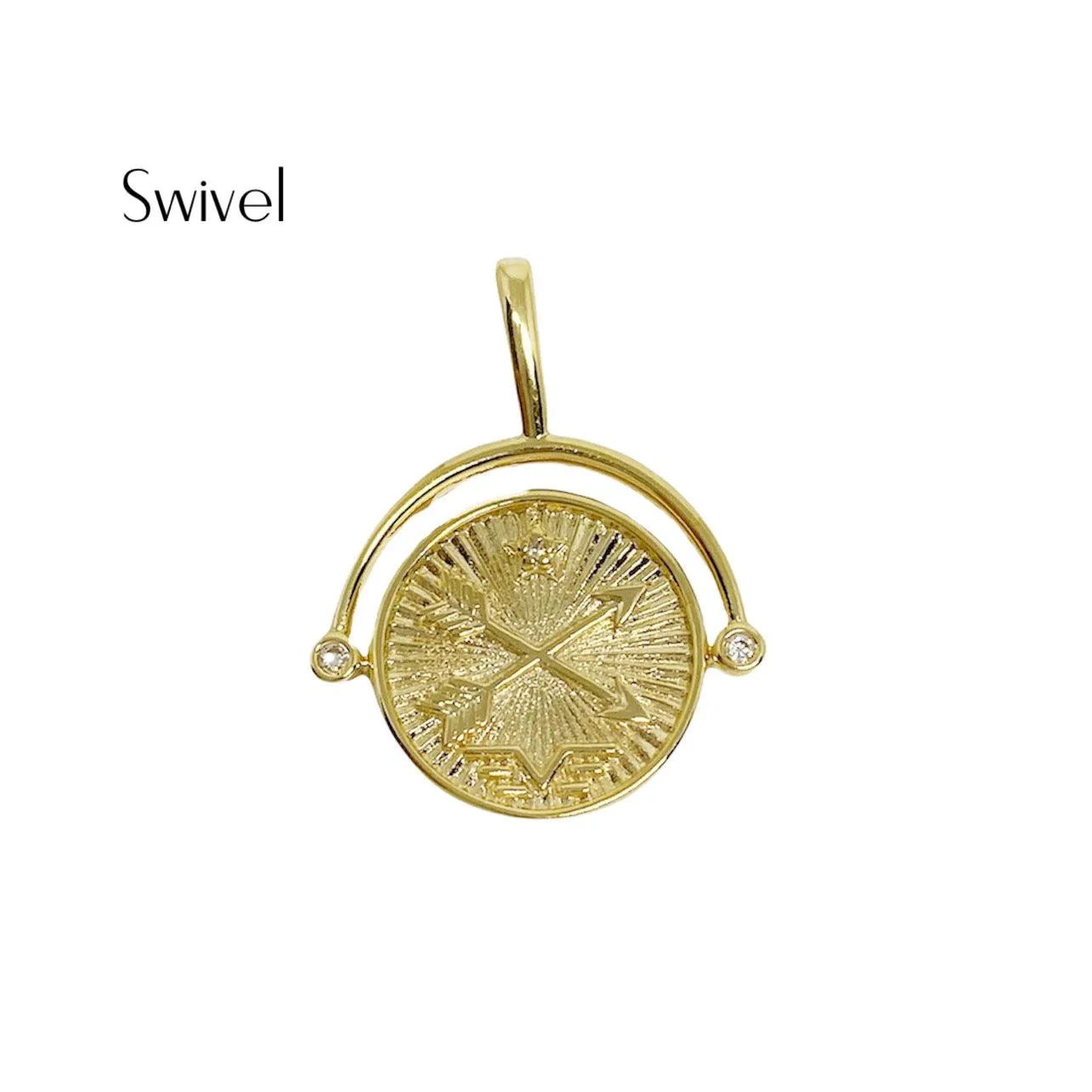 18k Gold Filled Swivel Compass Pendant Featuring Star Textured Background And Cardinal Points