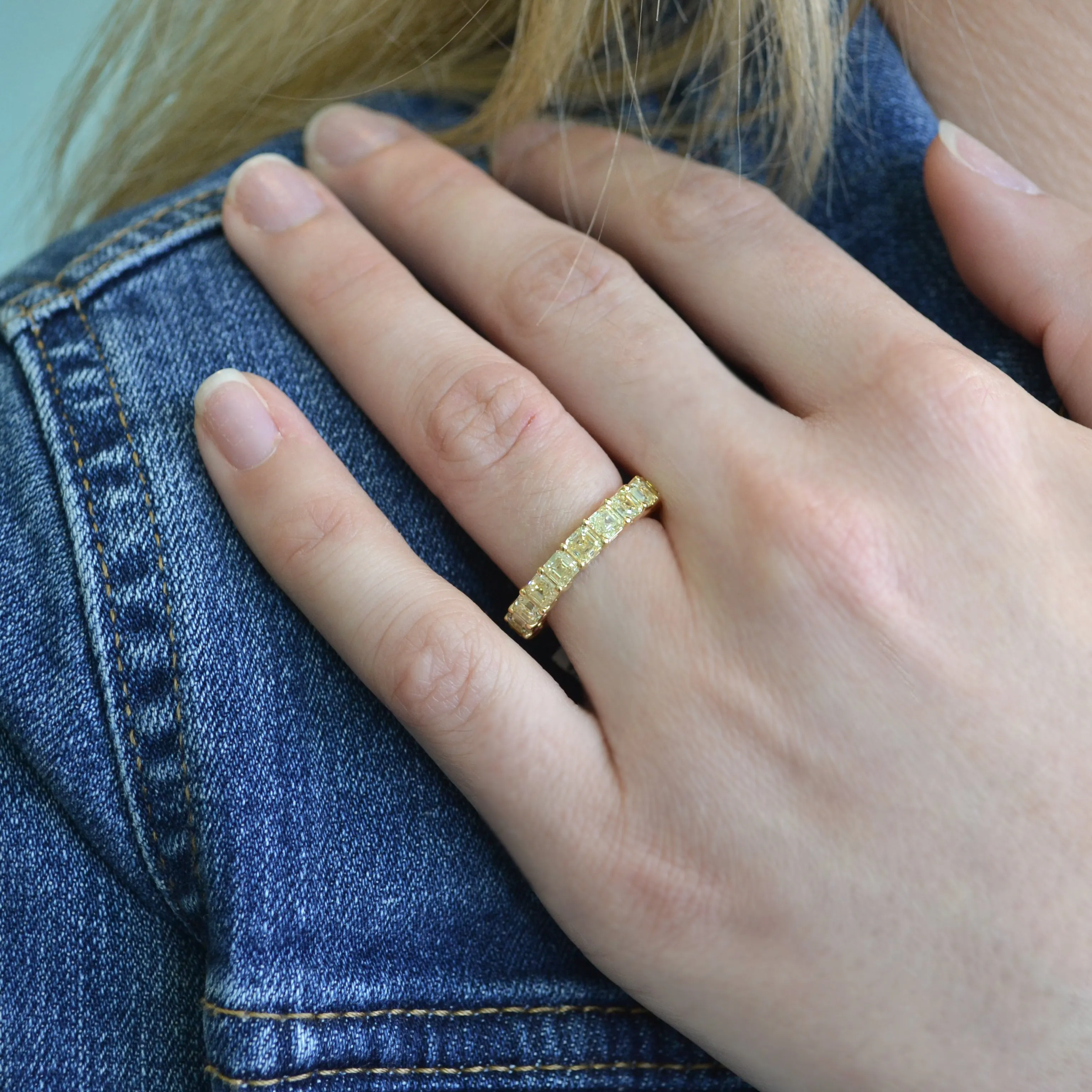 AFJ Diamond Collection - Eternity Band Ring with Fancy Yellow Square-cut Diamonds 4.64 carats, 18k Yellow Gold