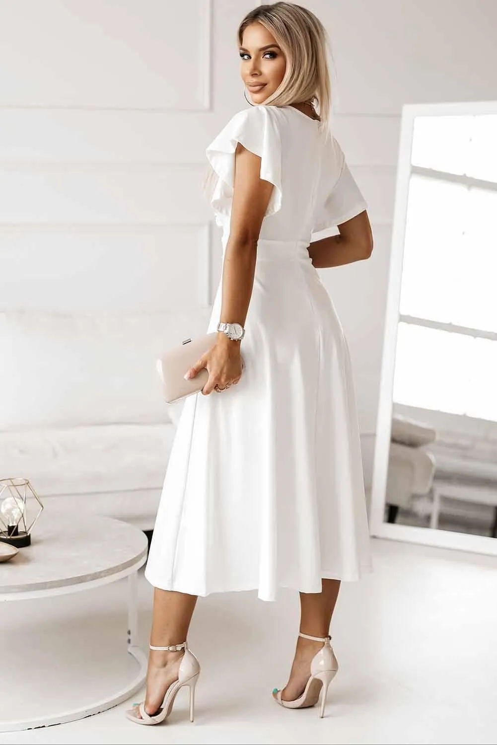 Andrea Flutter Sleeve Surplice Midi Dress