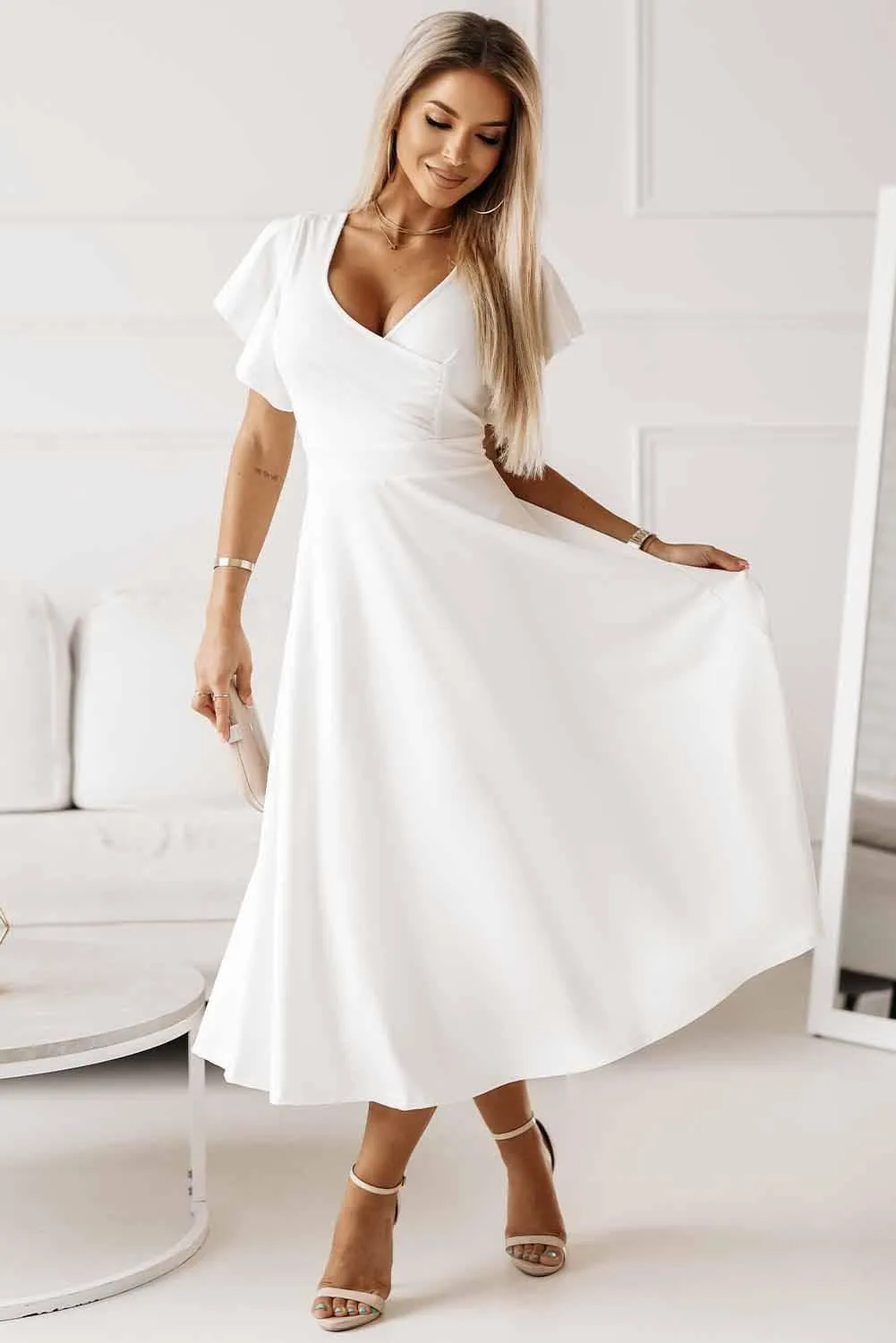 Andrea Flutter Sleeve Surplice Midi Dress