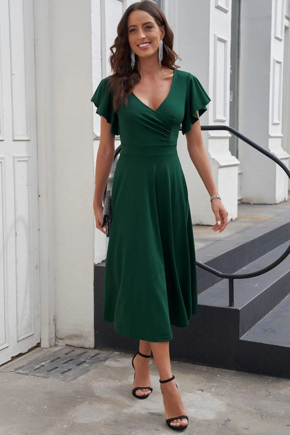 Andrea Flutter Sleeve Surplice Midi Dress