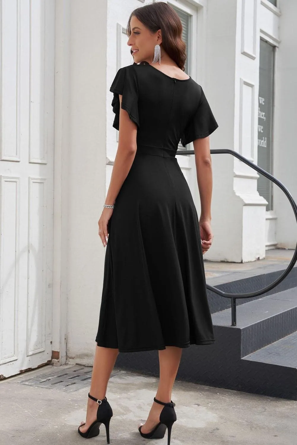 Andrea Flutter Sleeve Surplice Midi Dress