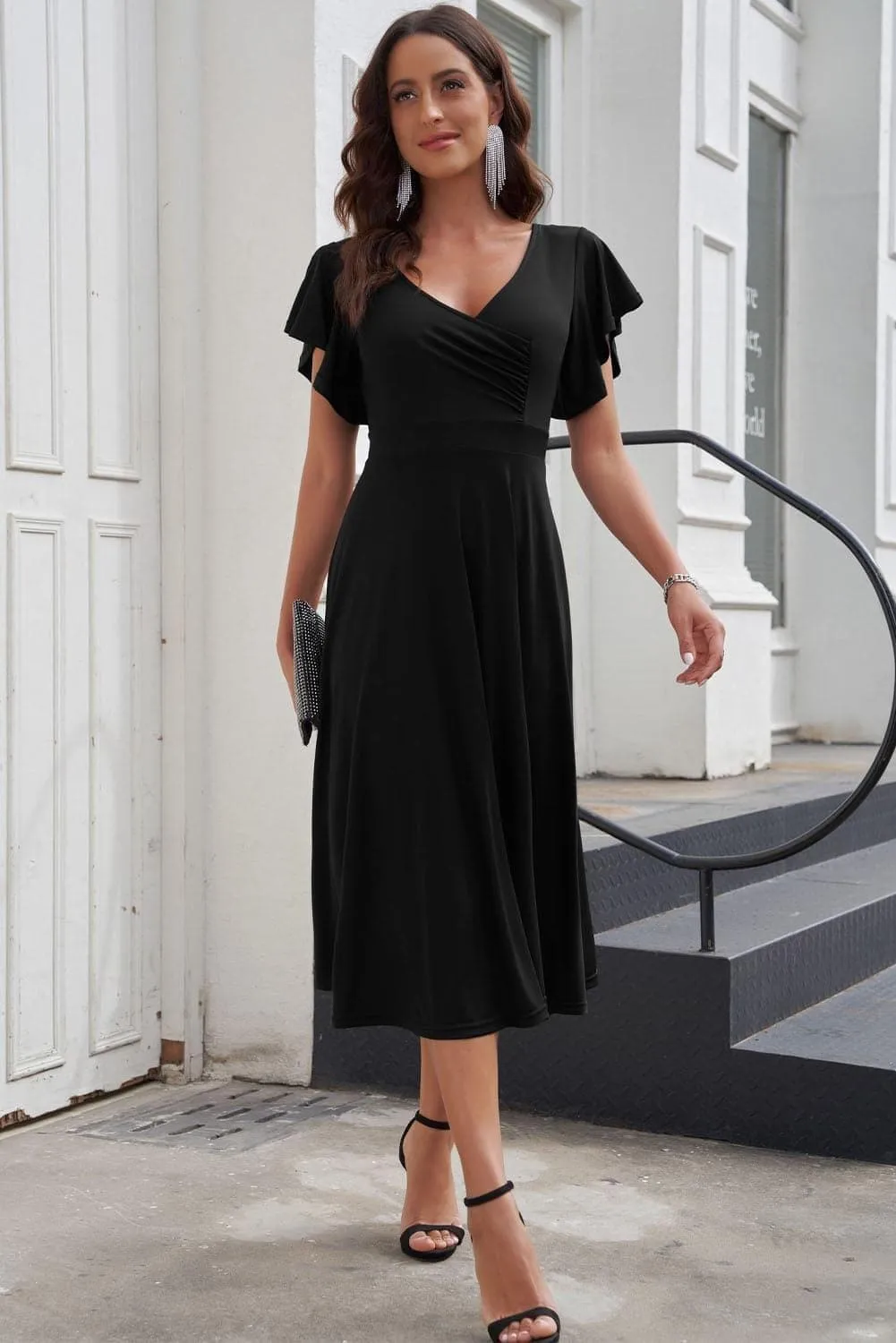 Andrea Flutter Sleeve Surplice Midi Dress