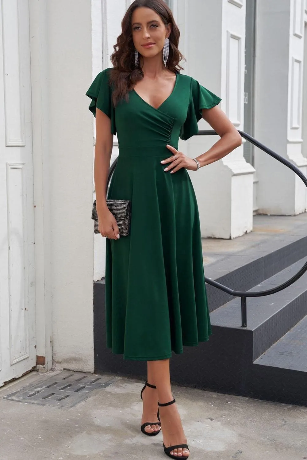 Andrea Flutter Sleeve Surplice Midi Dress