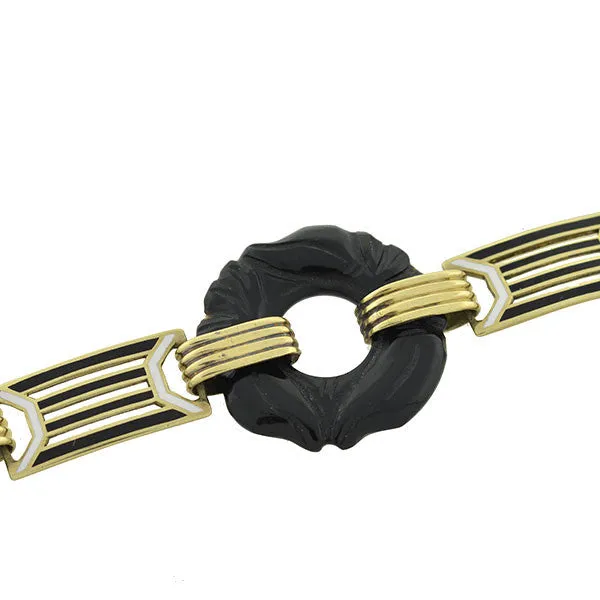 Art Deco 14kt Carved Onyx & Enamel Link Bracelet