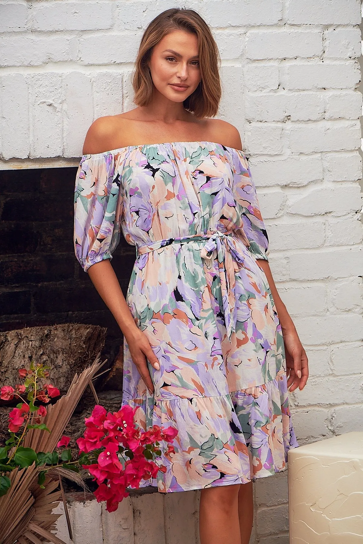 Bastille Lilac Floral Off Shoulder Dress