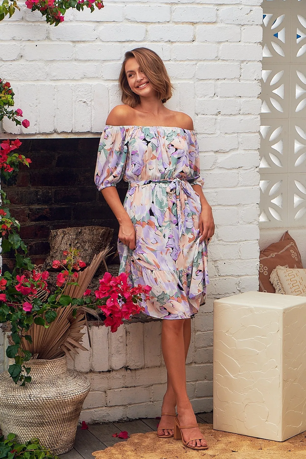 Bastille Lilac Floral Off Shoulder Dress