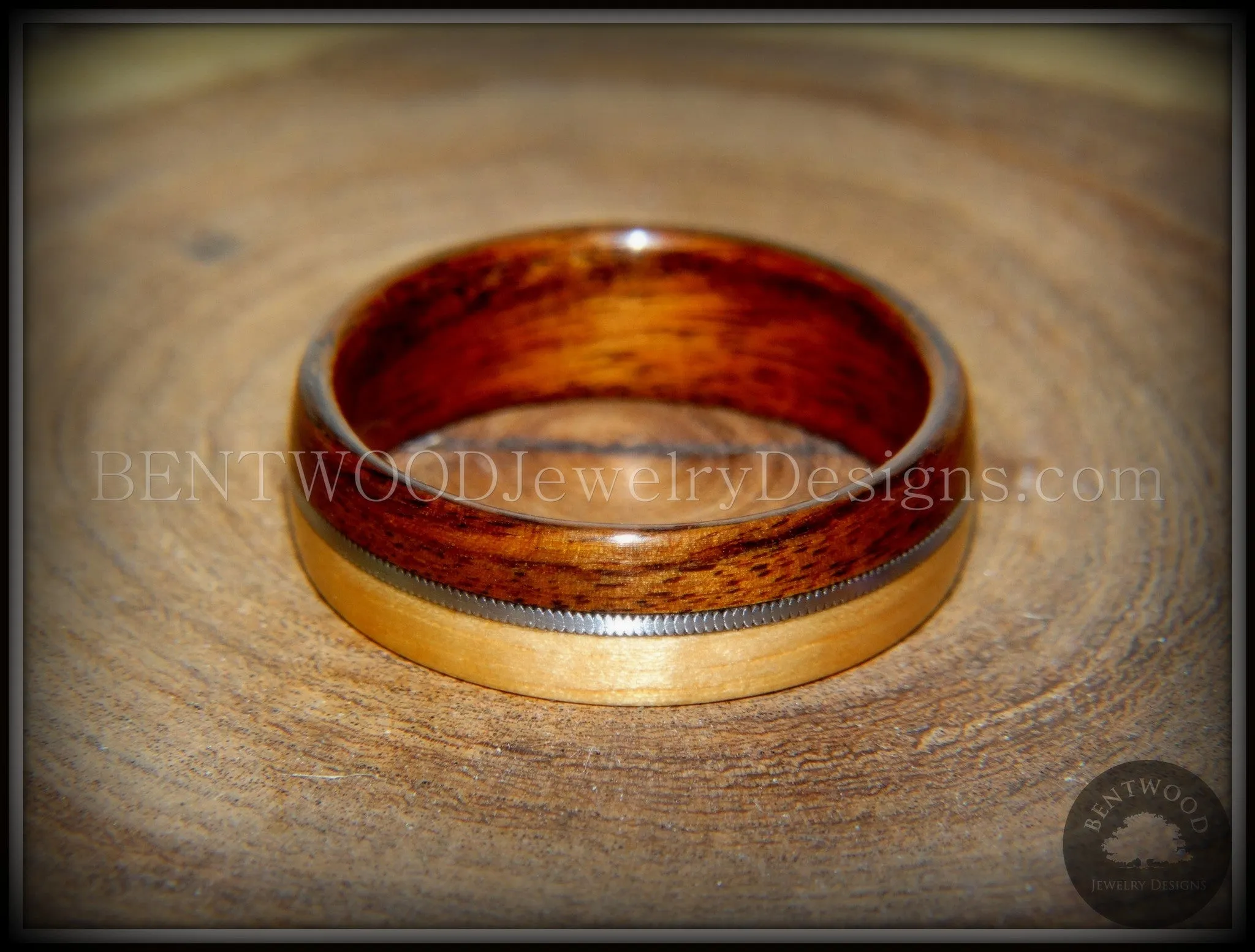 Bentwood Ring - Rosewood and Bamboo Ring with Guitar String Inlay