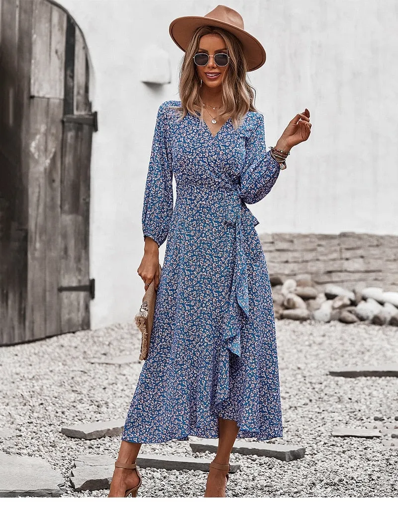 BerriesJam - Bandage Belt China Blue Printed Maxi Dress