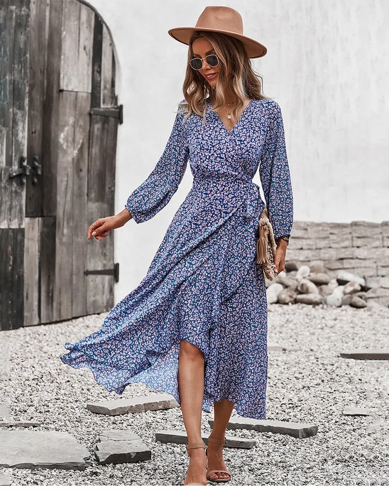 BerriesJam - Bandage Belt China Blue Printed Maxi Dress