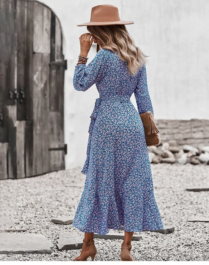 BerriesJam - Bandage Belt China Blue Printed Maxi Dress