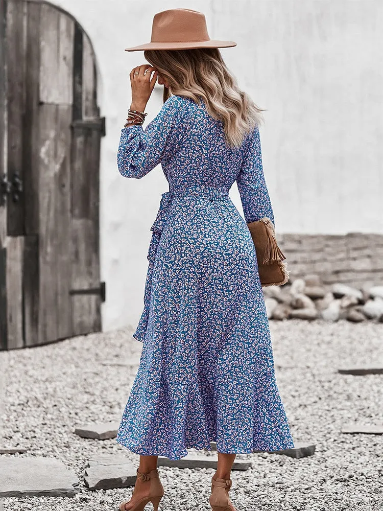 BerriesJam - Bandage Belt China Blue Printed Maxi Dress