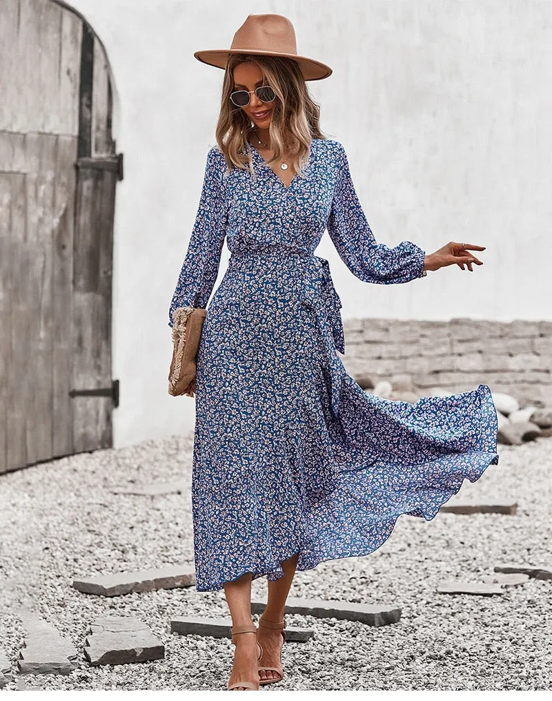 BerriesJam - Bandage Belt China Blue Printed Maxi Dress