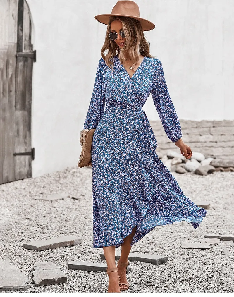 BerriesJam - Bandage Belt China Blue Printed Maxi Dress