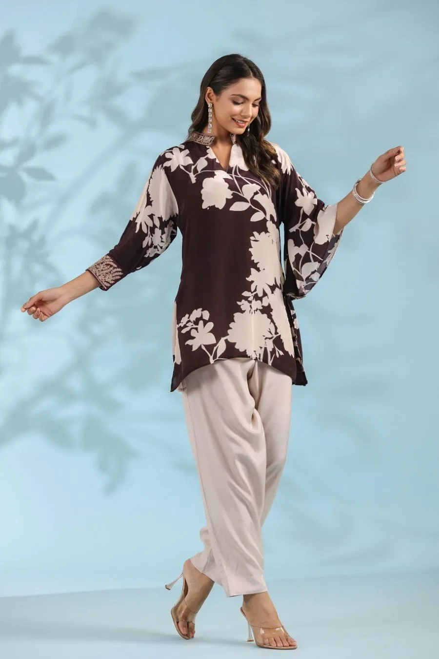 Black Floral Printed Tunic with Pants