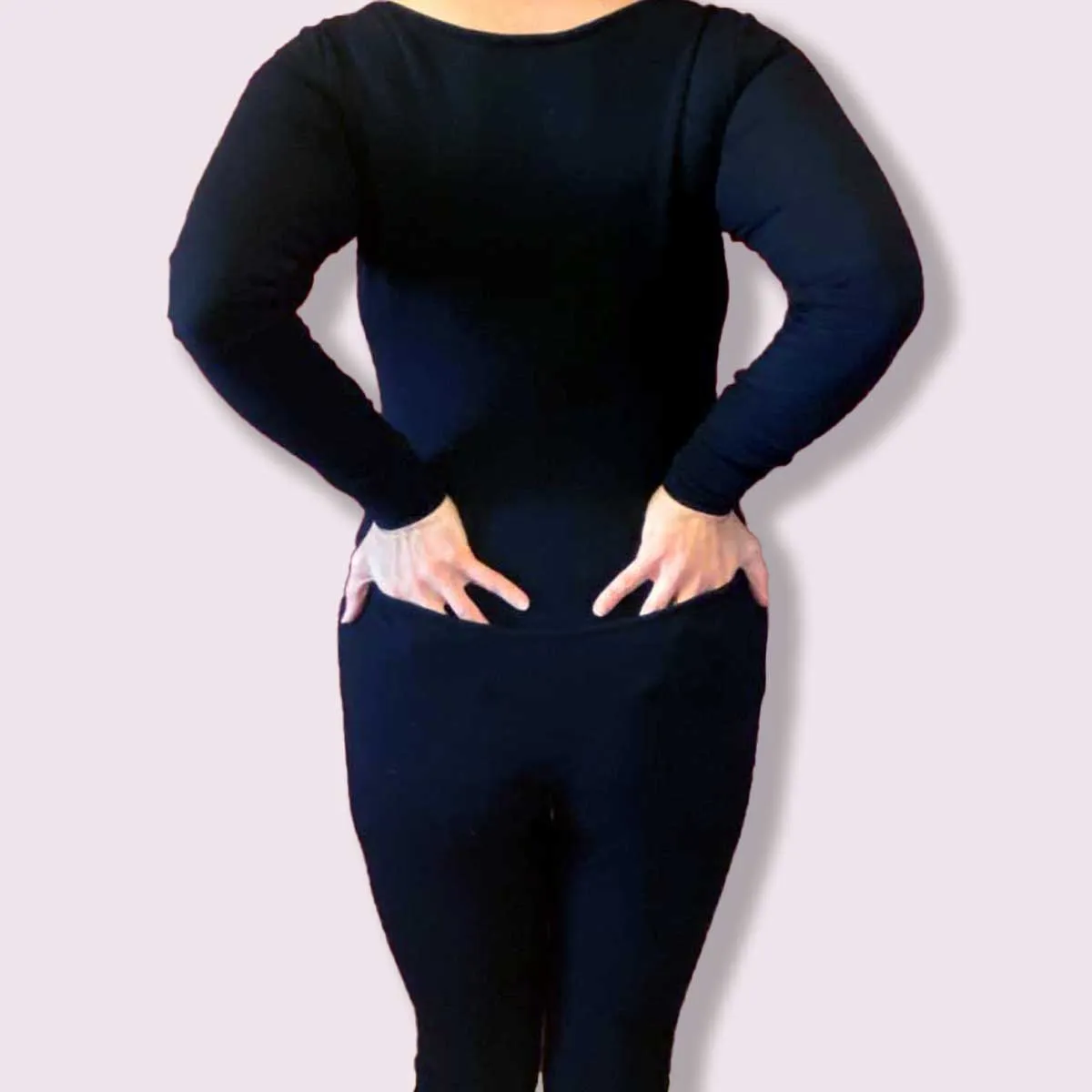 Black French Terry Soy Modal Long Sleeve Women's Union Suit - One Piece Long Johns | MoonEaze™