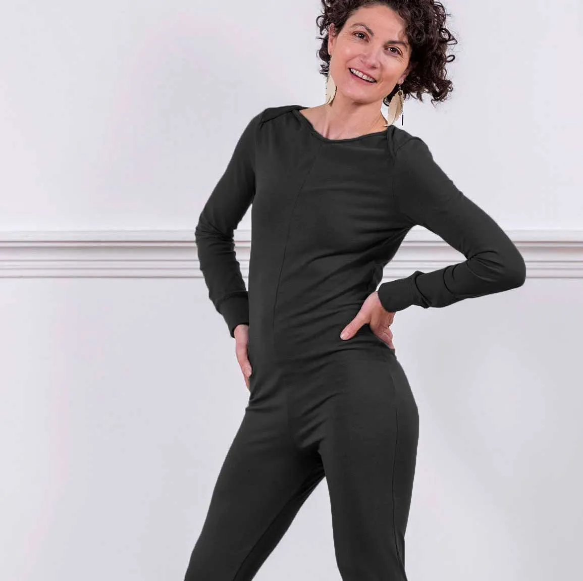 Black French Terry Soy Modal Long Sleeve Women's Union Suit - One Piece Long Johns | MoonEaze™