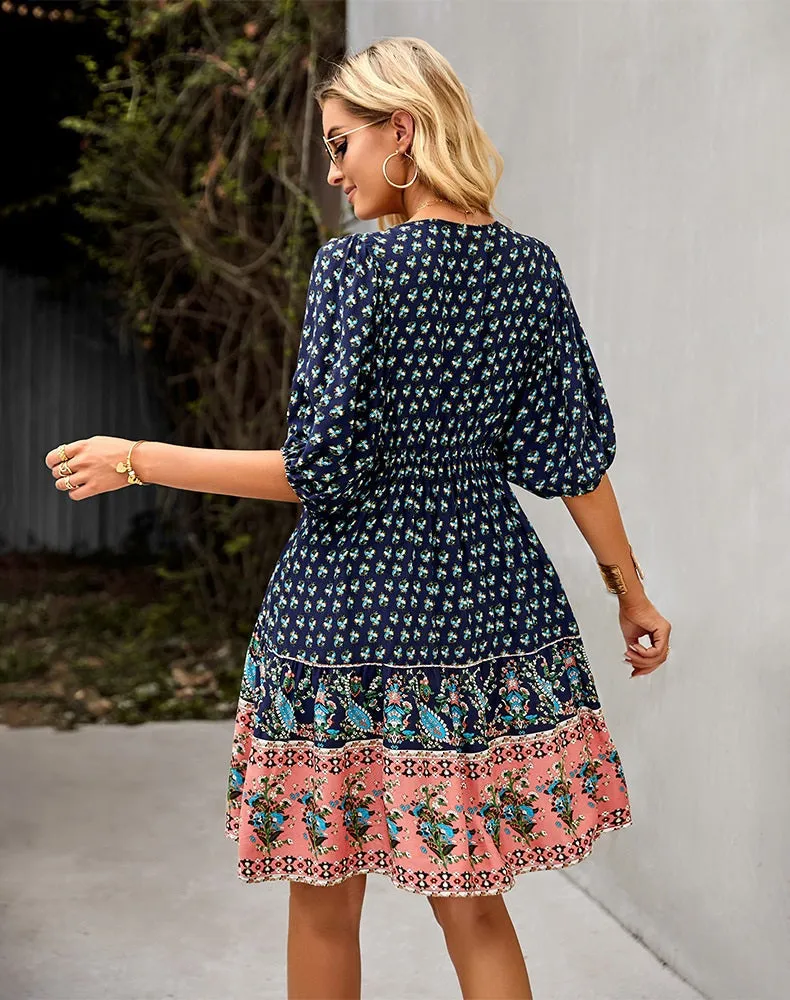 Bohemian Dark Navy Peach Floral Print Puffed Sleeve Dress (Size S to XL)