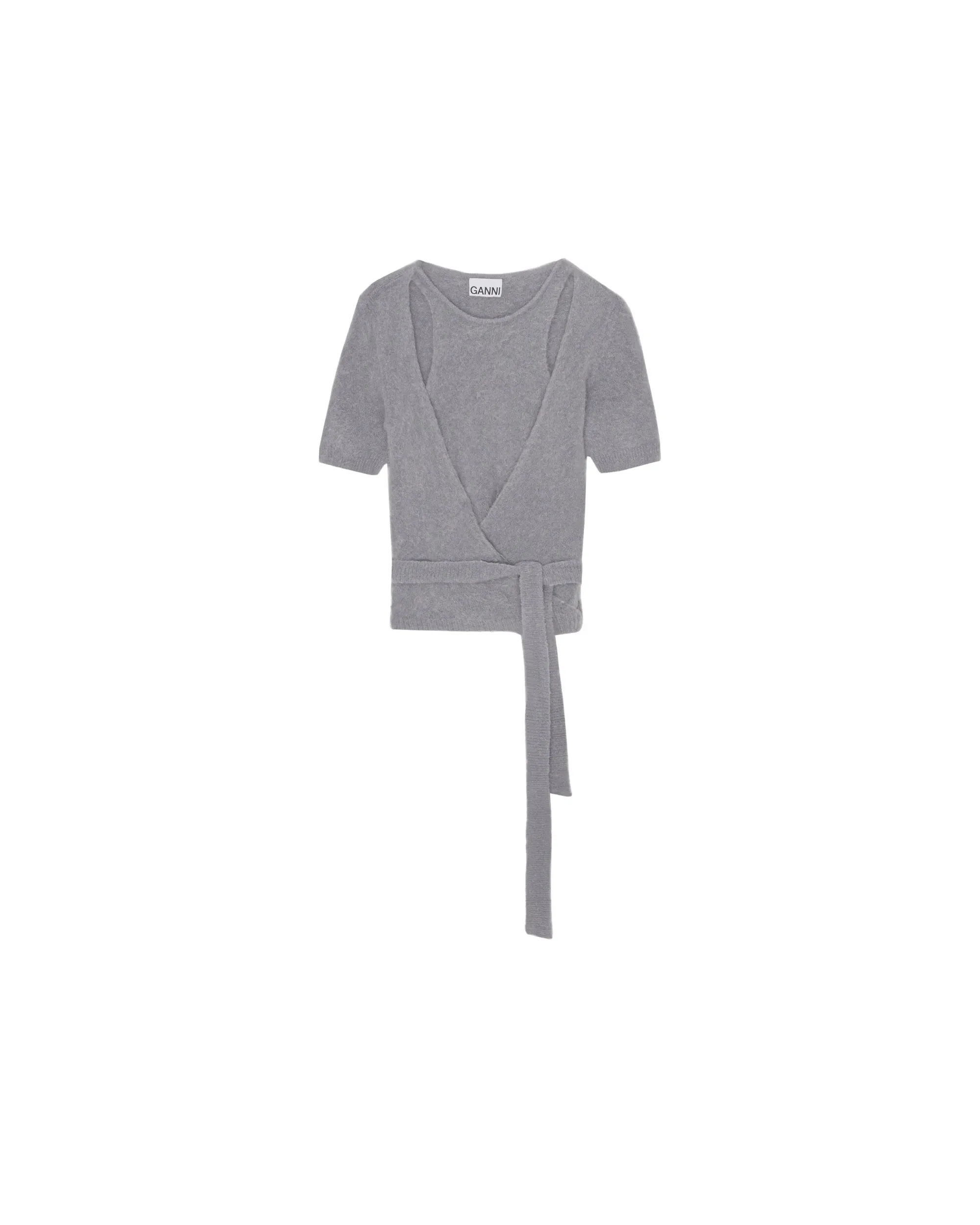 Brushed Alpaca Short Sleeve Wrap Blouse - Grey