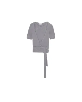 Brushed Alpaca Short Sleeve Wrap Blouse - Grey