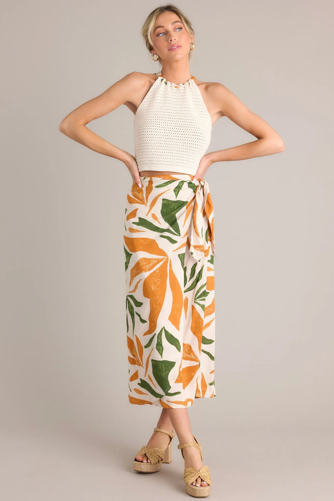 Cabana Chic Beige Tropical Print Midi Wrap Skirt