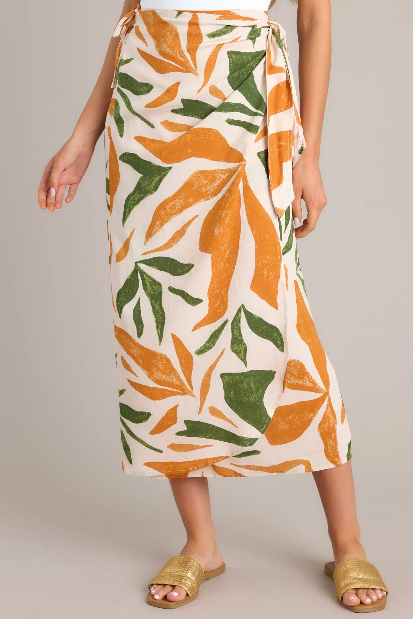 Cabana Chic Beige Tropical Print Midi Wrap Skirt