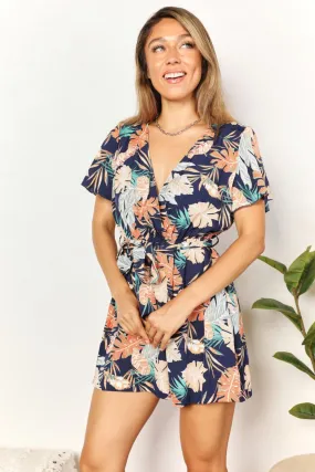 Chic Botanical Print Surplice Neck Tie Waist Romper - Perfect Summer Outfit for Women, Casual Floral Playsuit for Beach and Vacation