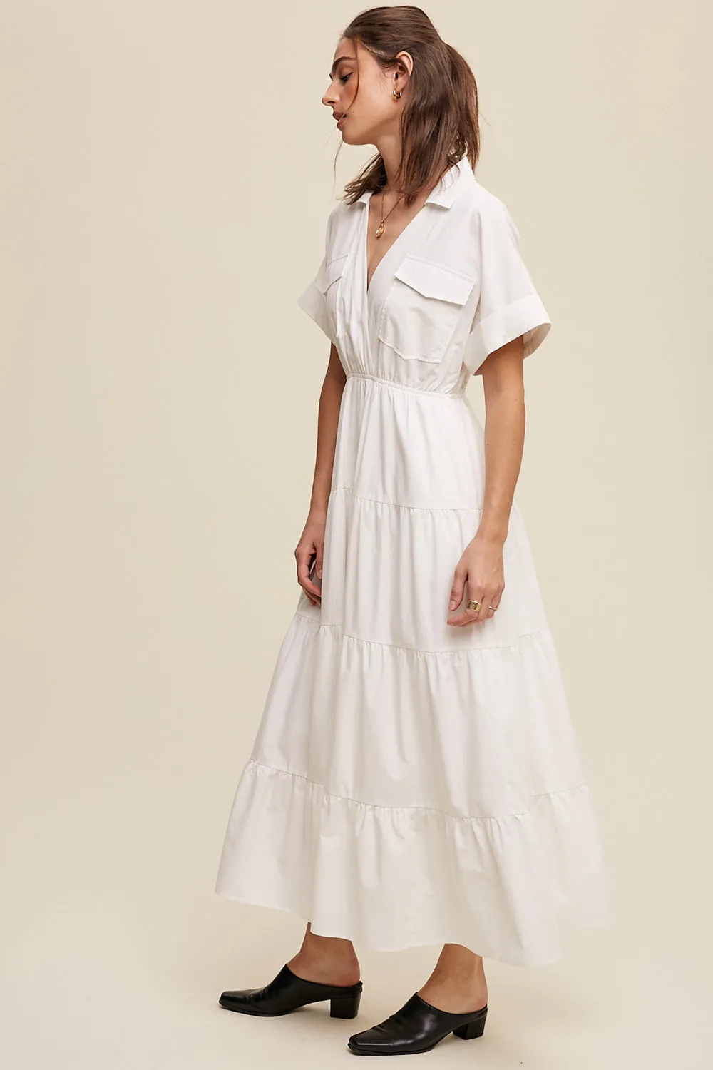 Collared Surplice Neckline Poplin Maxi Dress