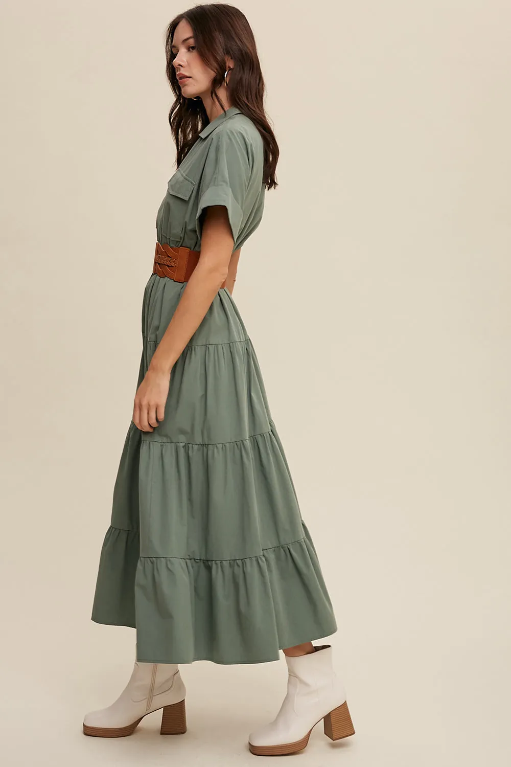 Collared Surplice Neckline Poplin Maxi Dress