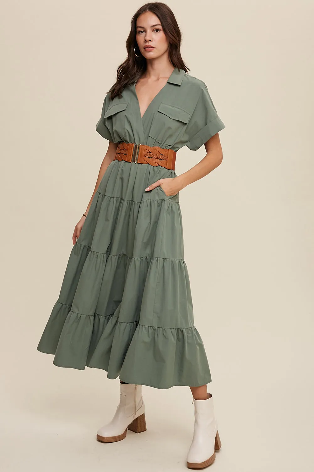 Collared Surplice Neckline Poplin Maxi Dress