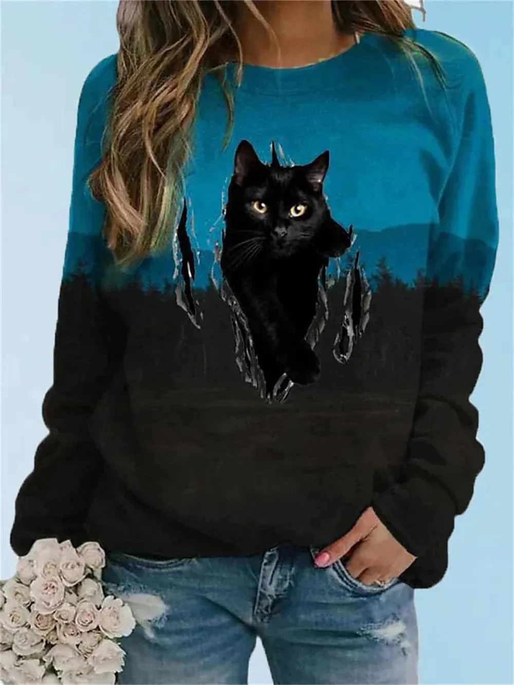 Cozy Cat Striped Sweatshirt for Women