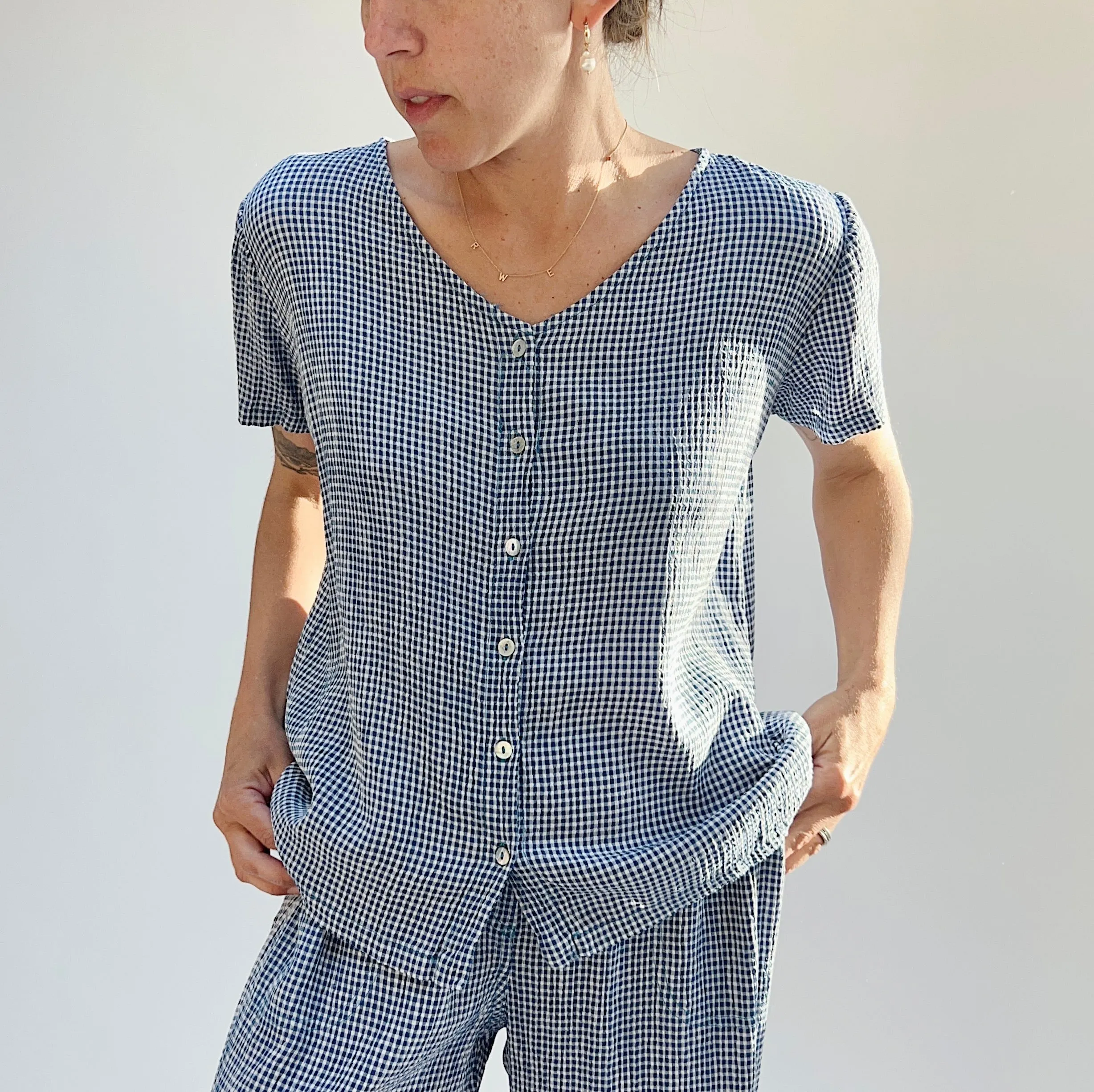 Cut Loose | Crinkle Mini Check Short Sleeve Button Up Shirt in Amalfi