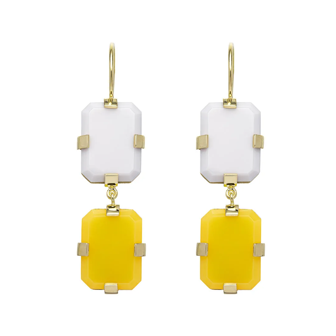 DECO SANDWICH WHITE AGATE   YELLOW JADE EARRINGS