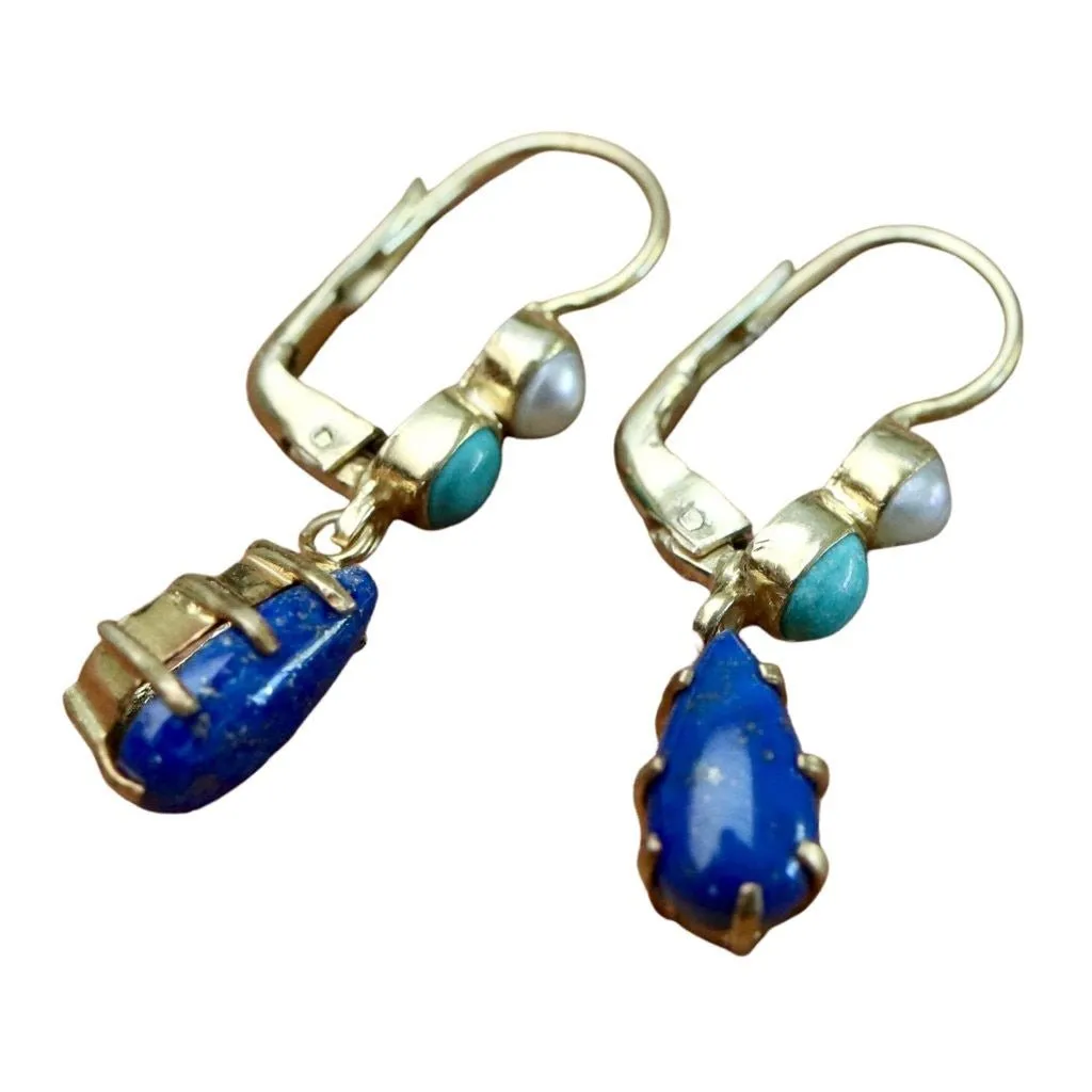 Duchess Of Kent Lapis, Turquoise and Pearl Earrings