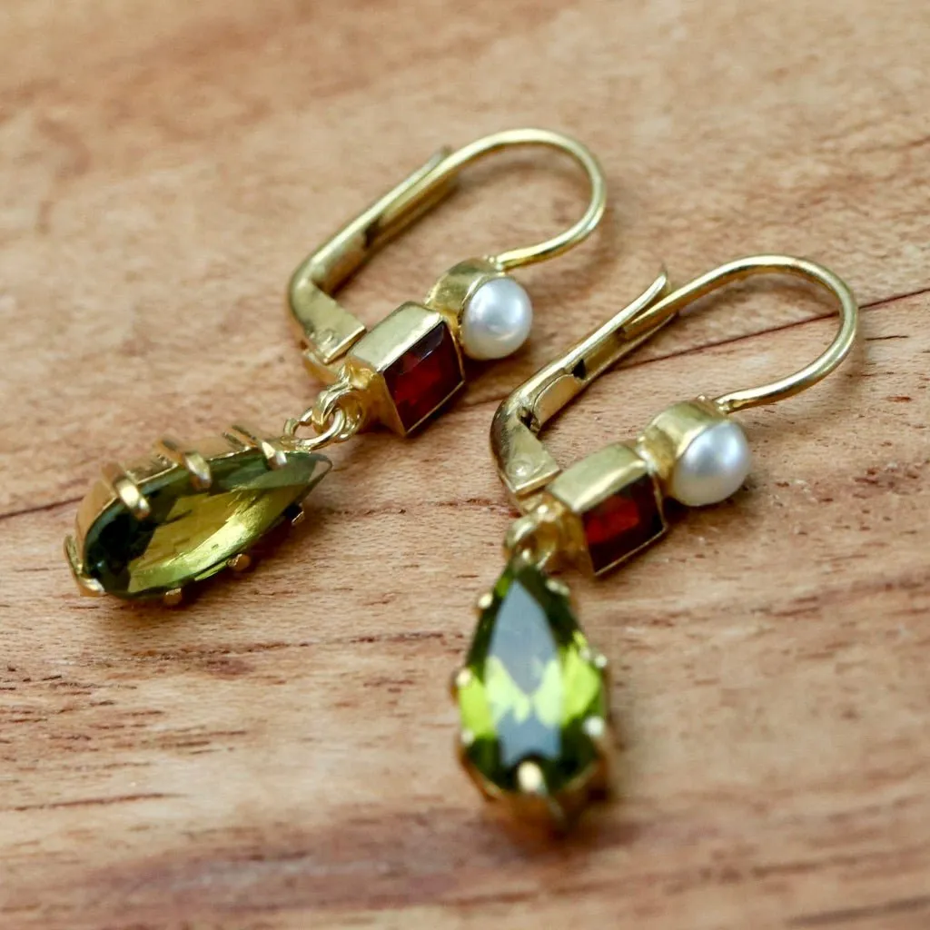 Duchess Of Kent Peridot, Garnet and Pearl Earrings