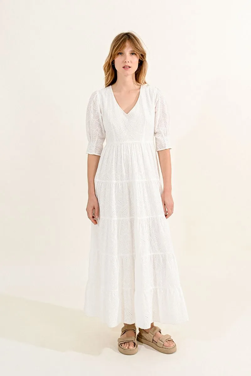 Elbow Sleeve Maxi Dress in white by Molly Bracken