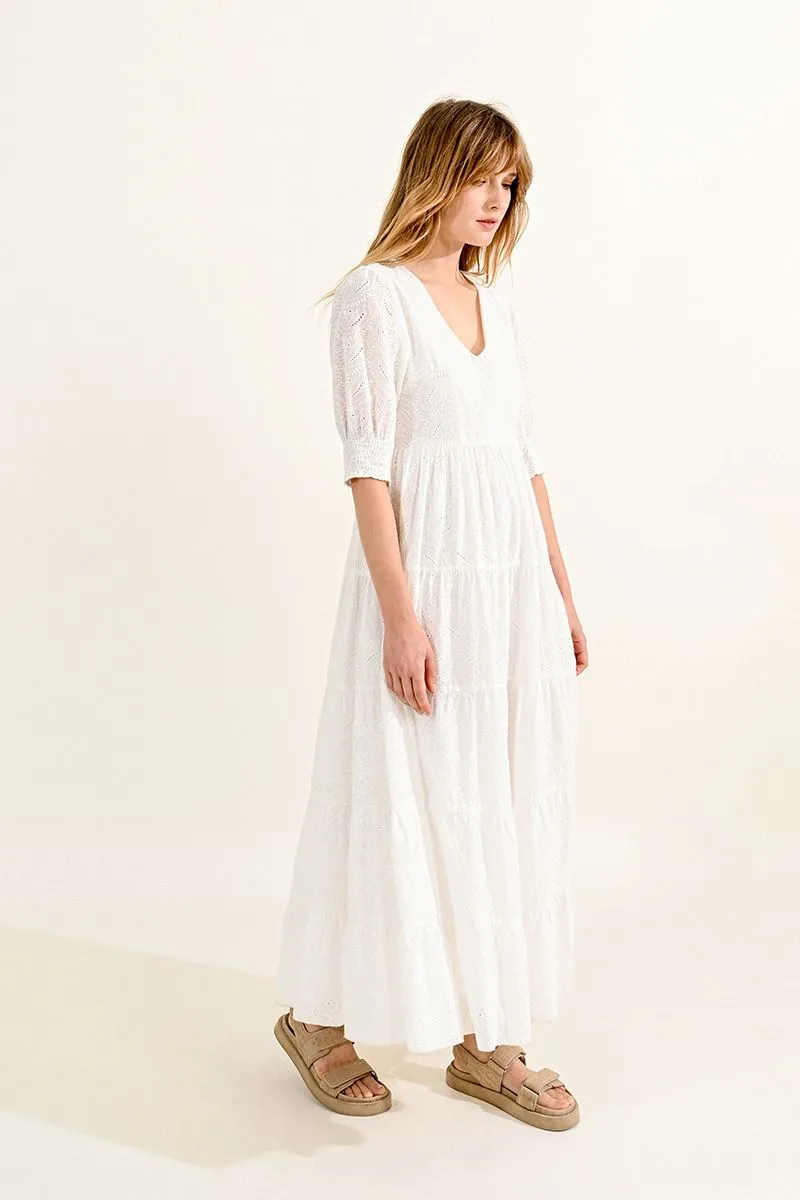 Elbow Sleeve Maxi Dress in white by Molly Bracken