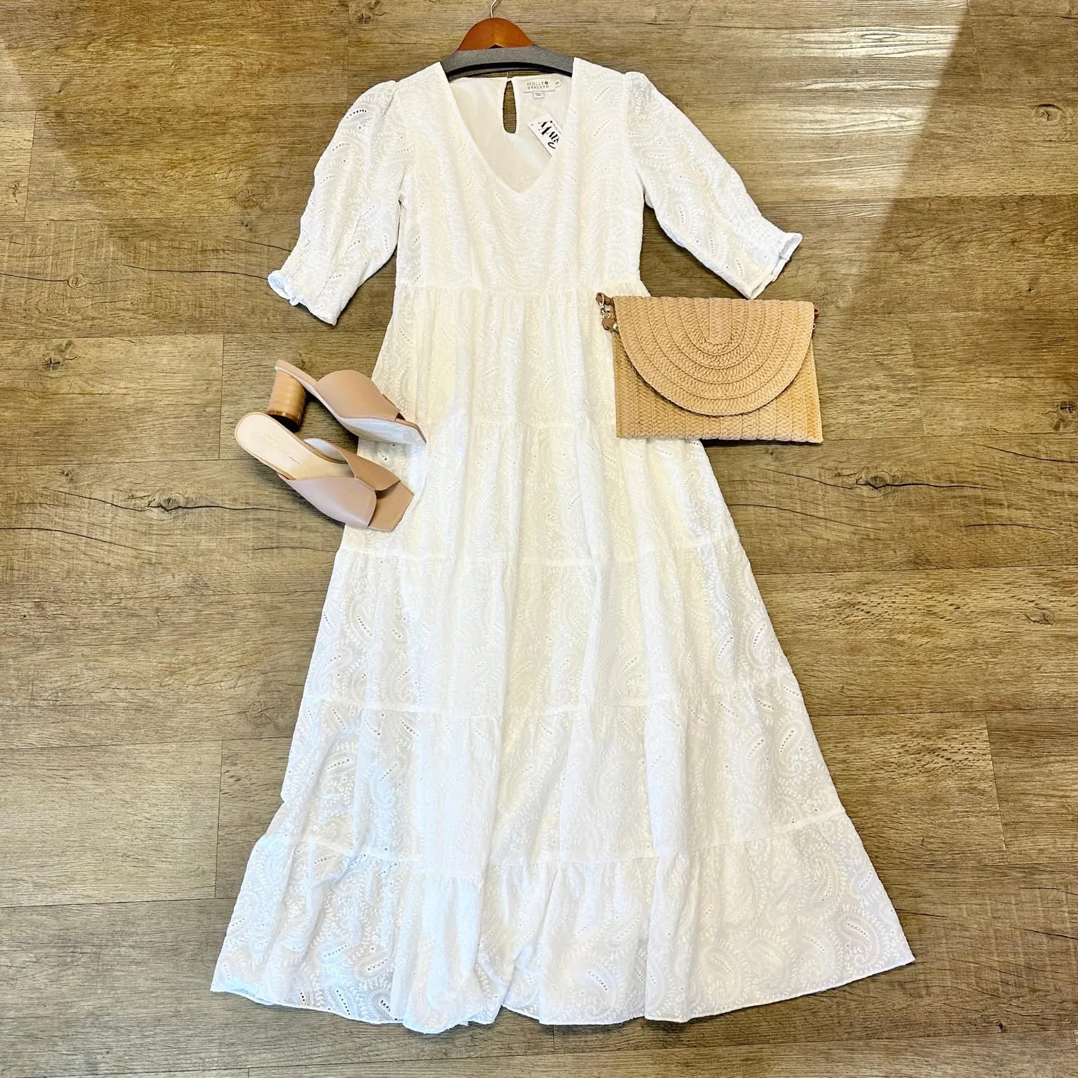 Elbow Sleeve Maxi Dress in white by Molly Bracken